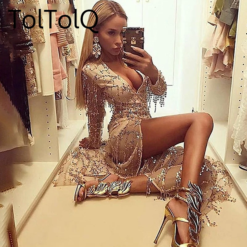 Женское длинное платье с бахромой глубоким V образным вырезом и блестками