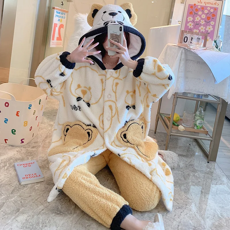 2 Piece Pajama Set Women Cute Korean Pajamas Plush Hooded Flannel Pajamas Woman Winter Badjas Dames Schlafanzug Home Clothes