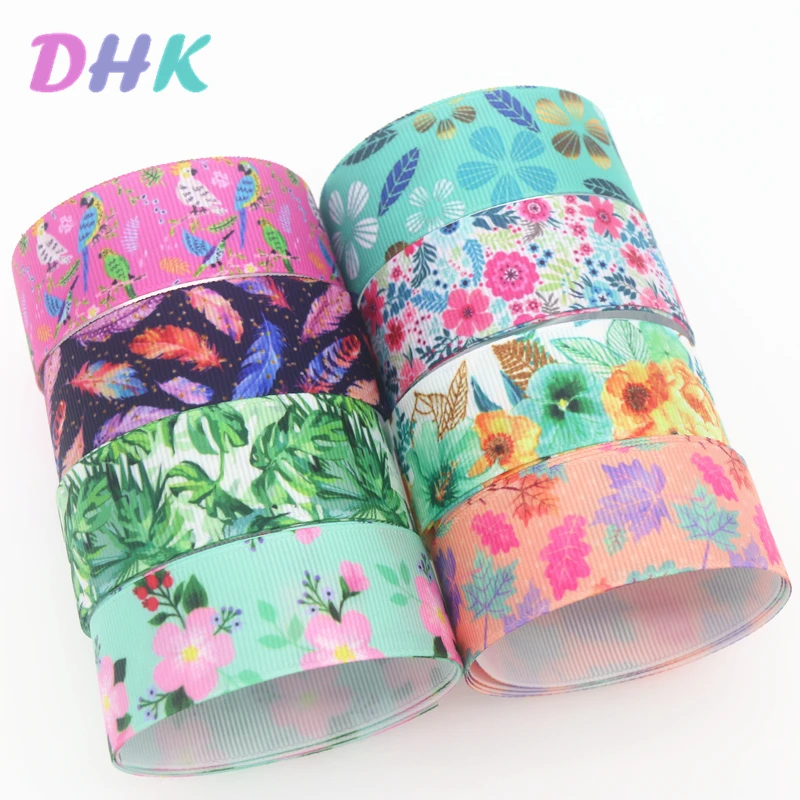 

DHK 7/8'' 5yards flower feather leaf Printed Grosgrain Ribbon Accessory Hairbow Headwear Decoration DIY Wholesale OEM C1800