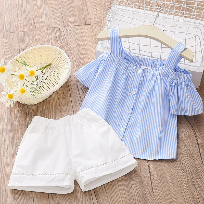 

2021 Fashion New 2 3 4-11 12Years Simple Cotton Striped Off Shoulder Strap T-shirt + Shorts 2 Pieces Baby Kids Girls Summer Sets