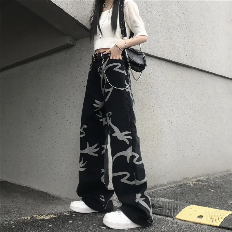 

Y2K Women's Jeans 2021 New Harajuku Streetwear High Waist Vintage Baggy Straight Denim Wide Leg Pants Hip Hop Printing Trouser