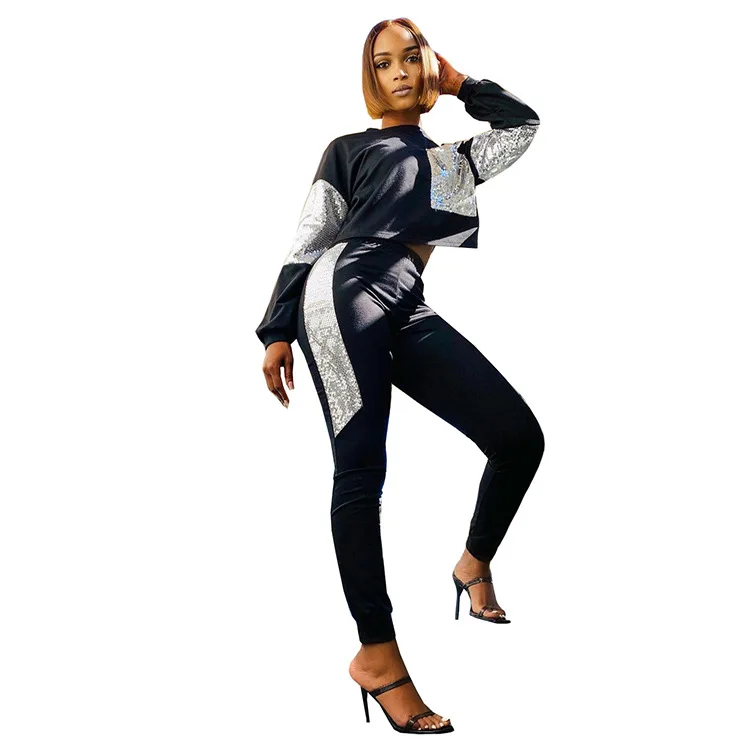 

Fashion Patchwork Color Women Casual Sets O-Neck Long Sleeve Sequins Short Tops High Waist Pencil Pants Tracksuits Sports Party