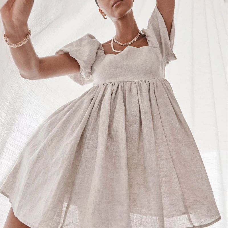 

Vintage Casual Short Dress Summer Women Puff Sleeve A Line Dresses High Waist Square Collar Linen Ladies Dress Khaki 2021