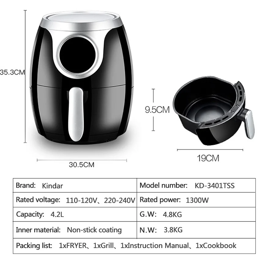

Kindar Cooker Electric Fryer Multifunction Pizza Health Oli Free Single Pan 4.2L French Fries soot free household