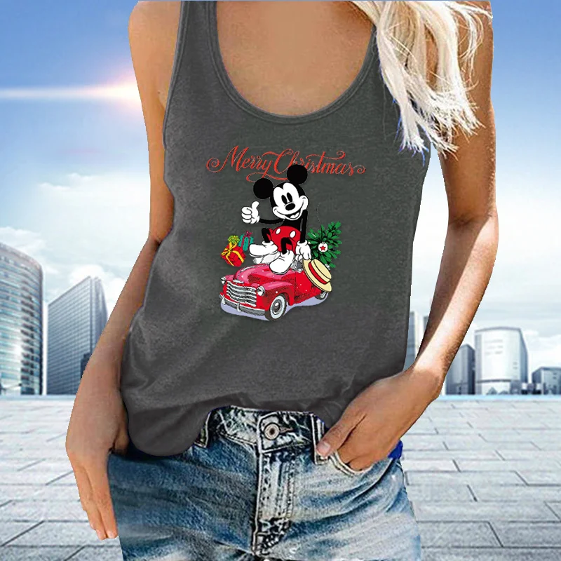 Disney Mickey Mouse print sleeveless T-shirt women summer  off shoulder casual street fashion clothing sleeveless top women images - 6