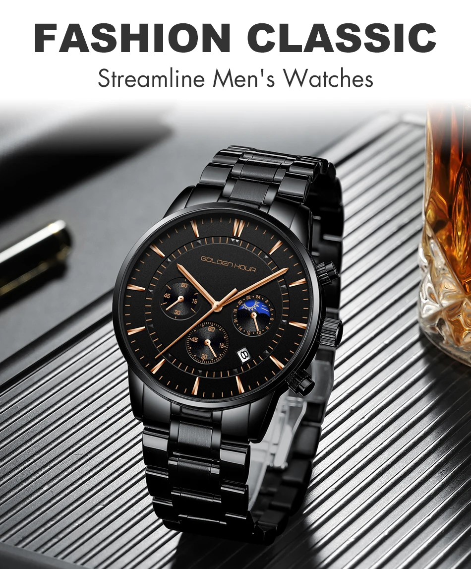 GOLDENHOUR роскошные брендовые мужские часы полностью стальные деловые наручные часы водонепроницаемые кварцевые мужские часы Relogio Masculino