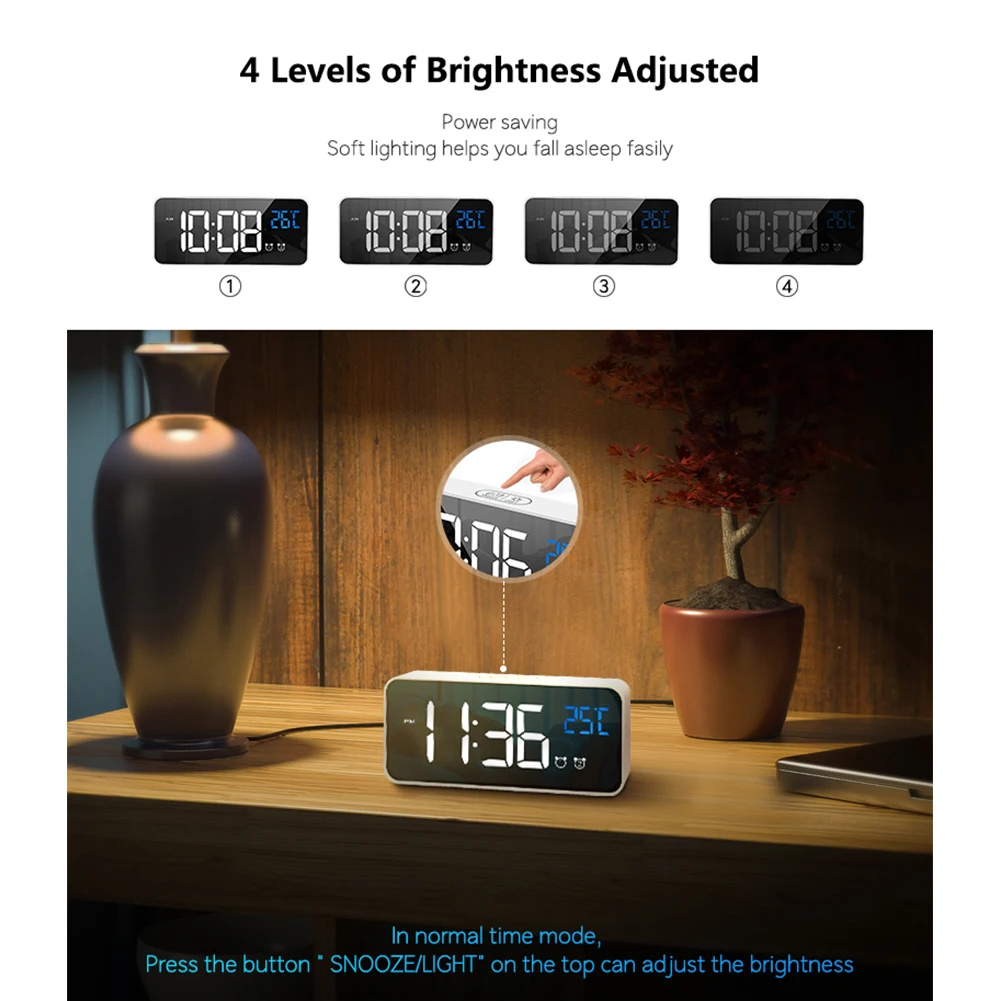 Цифровой будильник светодиодный дисплей температуры портативный зеркальный