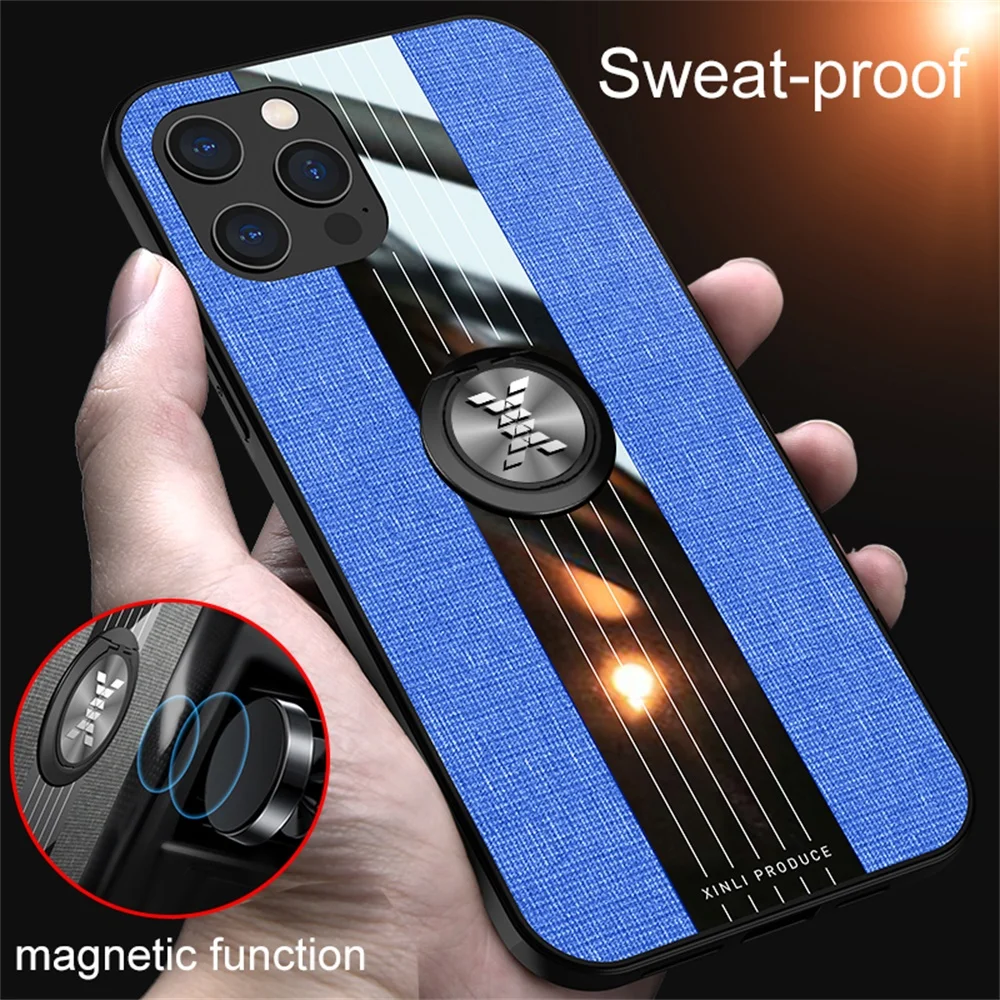 

Shockproof Phone Case for iPhone 12 Pro Max Luxury Cloth Back Cover 360 Protective Metal Ring Holder Stand Armor iPhone12 12Pro