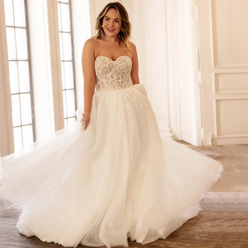 

Длинное Свадебное платье из тюля, с открытой спиной и шлейфом, а-силуэт, кружевное, без рукавов, с блестками, размера плюс