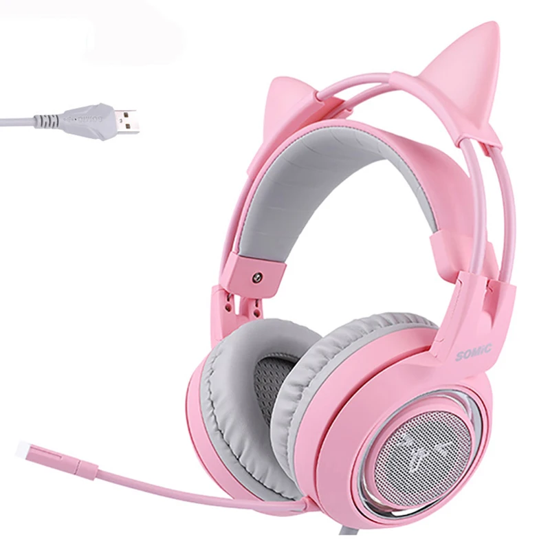 

SOMIC розовый игровая гарнитура 7,1 объемный звук G951 кошачьими ушками стерео Шум шумоподавления наушники вибрации светодиодный USB наушники