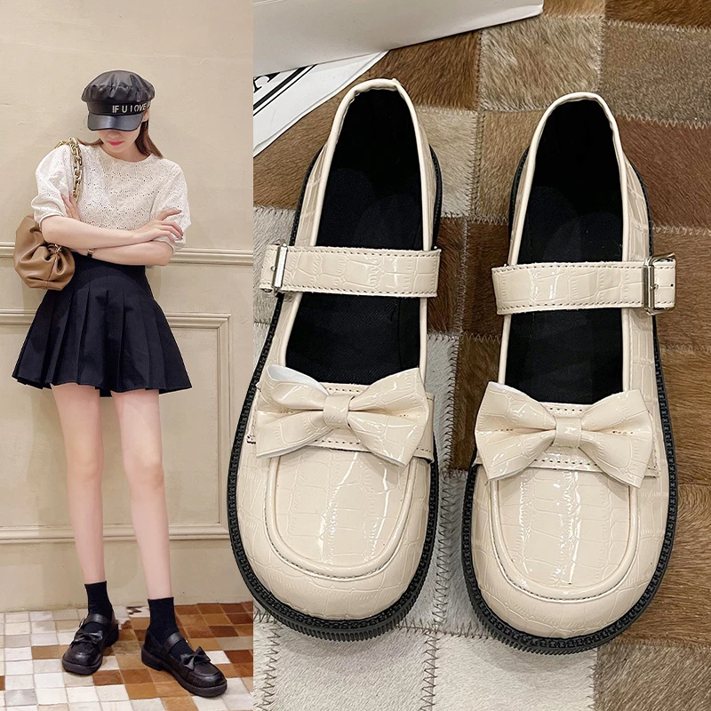 

Mary Jane Women's Shoes Sweet Big Bow Flat Shoe Fashion Platform Shoes Crocodile Pattern Leather Shoe Lolita Spring Casual Shoes