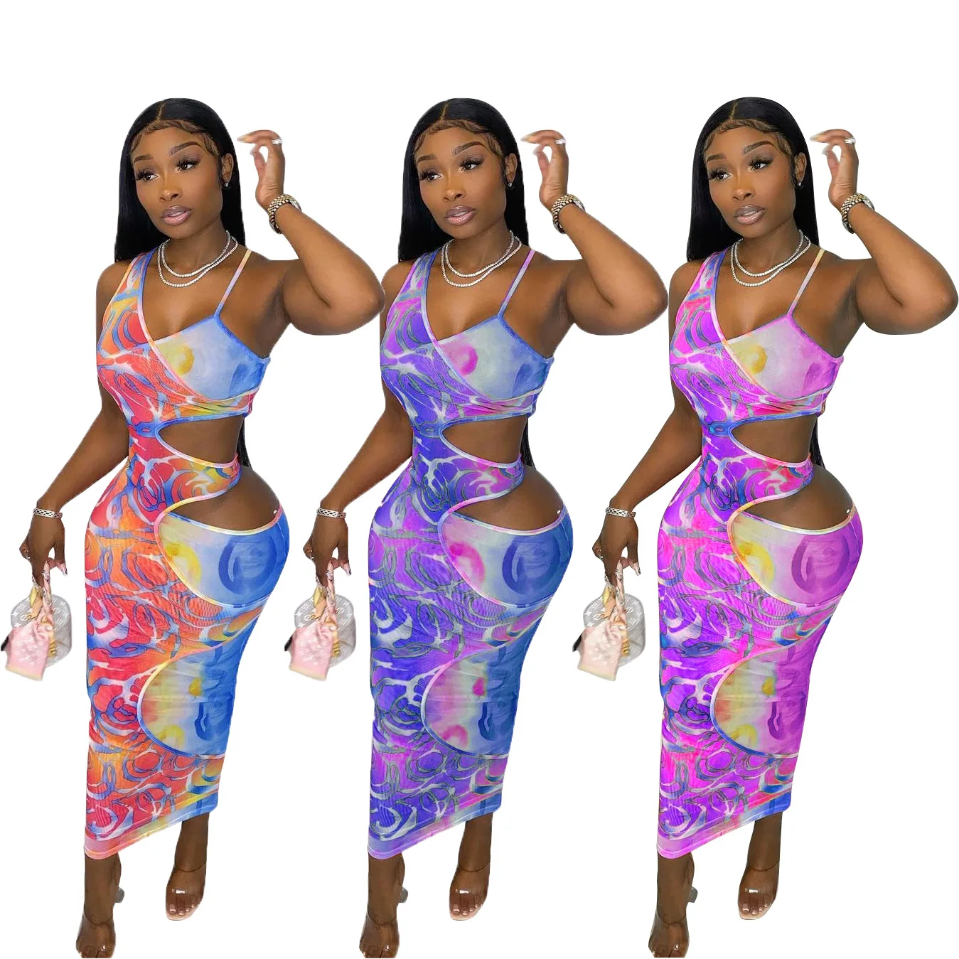

Tie Dye Print Bodycon Dress Women One Shoulder Spaghetti Straps Sexy Cutout Bodycon Summer Casual Night Club Vestidos S-XXL