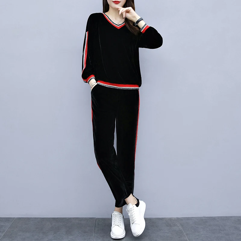 Спортивный костюм плюша с V образным вырезом осенний больших размеров тонкие