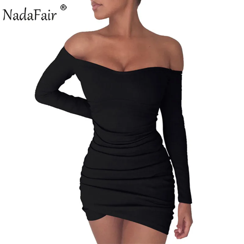 Nadafair, осенне-зимнее женское облегающее платье с длинным рукавом, с рюшами, с открытыми плечами, Сексуальные клубные вечерние платья, красное, черное, Белое Мини-Платье с запахом