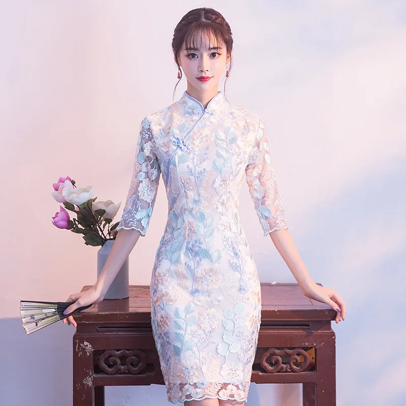 

Female Flower Embroidery Cheongsam Blue Sexy Lace Qipao Vintage Button Mandarin Collar Chinese Dress Short Sheath Vestidos