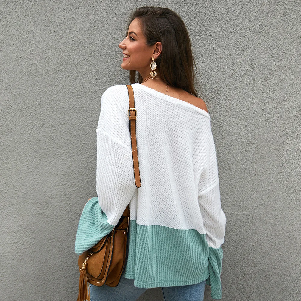 

Self designed autumn and winter new color contrast stitching long sleeve loose knit sweater