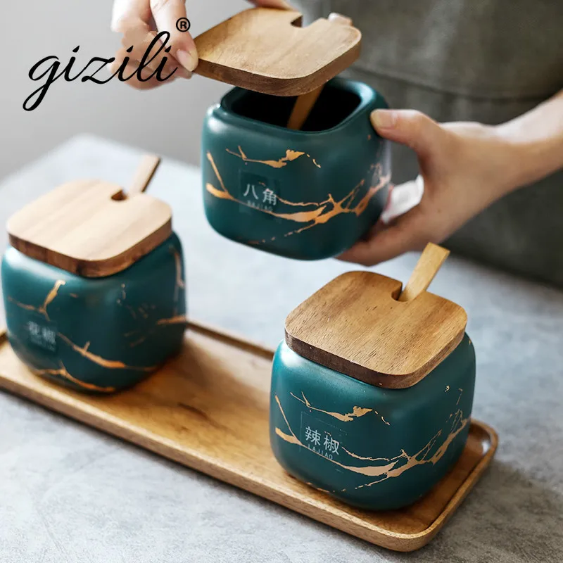 

Nordic Matte Marbled Ceramic Seasoning Can Creative Kitchen Tank Set Wooden Cover/Tray Salt Shaker Spice Jar Kitchen Accessories