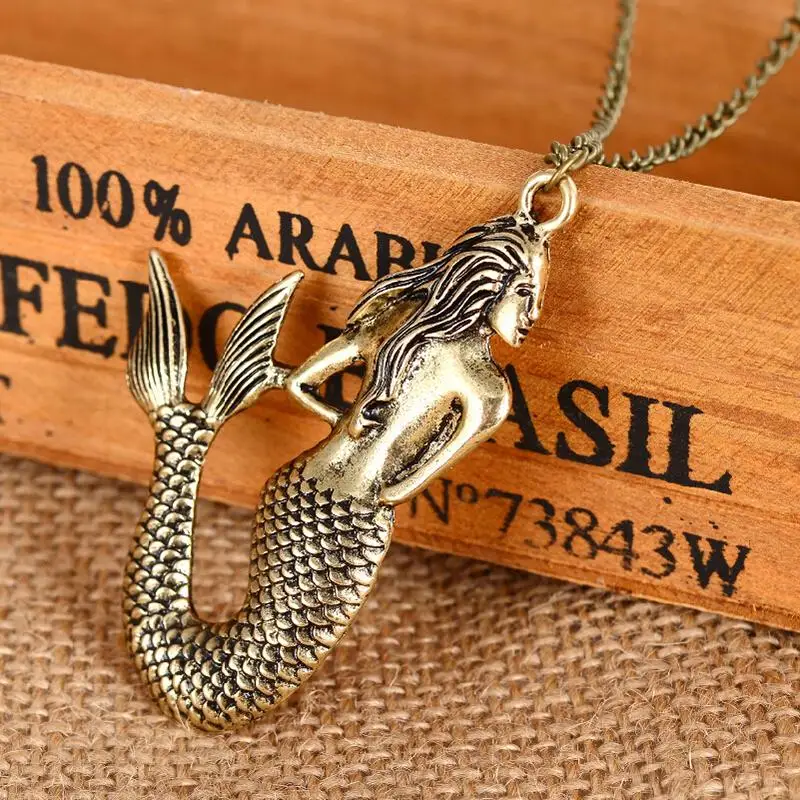 

1PC Women Fashion Antique Coat Sweater Chain Jewelry Alloy Mermaid Pendant Long Chain Necklaces