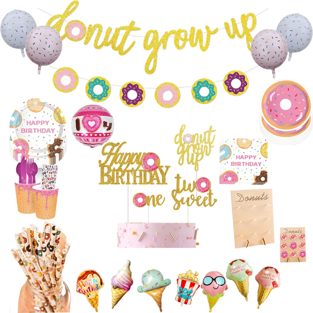 

Donut Party Birthday Tableware Ice Cream Foil Balloons Children Happy Birthday Party Decorations Baby Shower Donut Party Favors