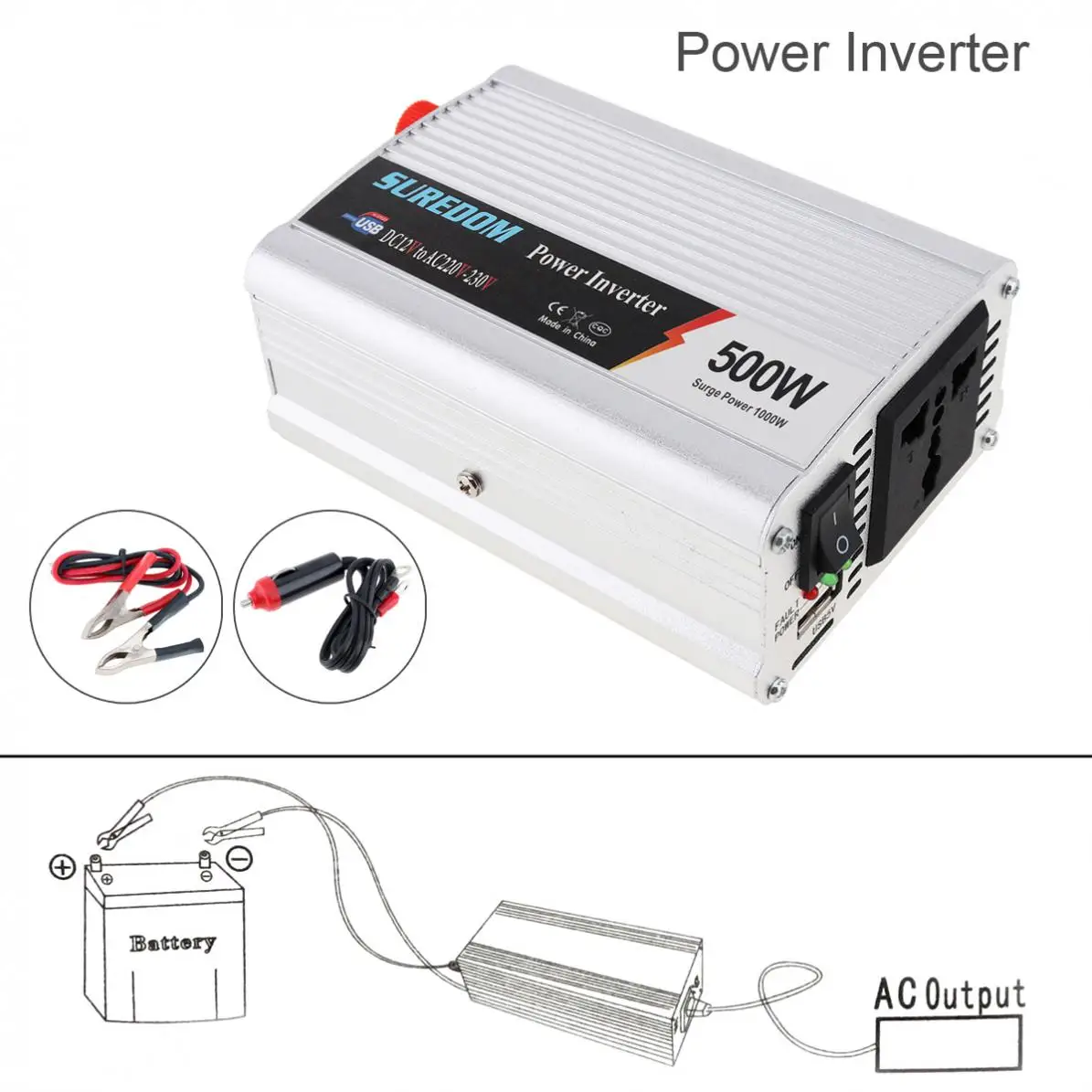 500W DC 12V 24V to AC 220V 110V Vehicle Power Inverter USB A
