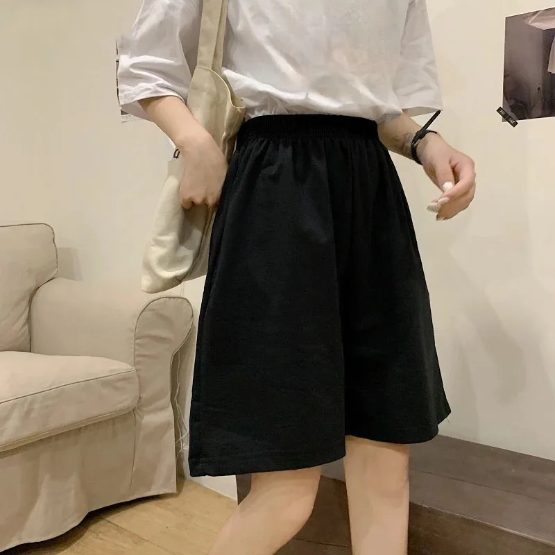 

Korean women shorts casual regular cotton summer clothing loose high waist Big size straight wild elasticity female black pants