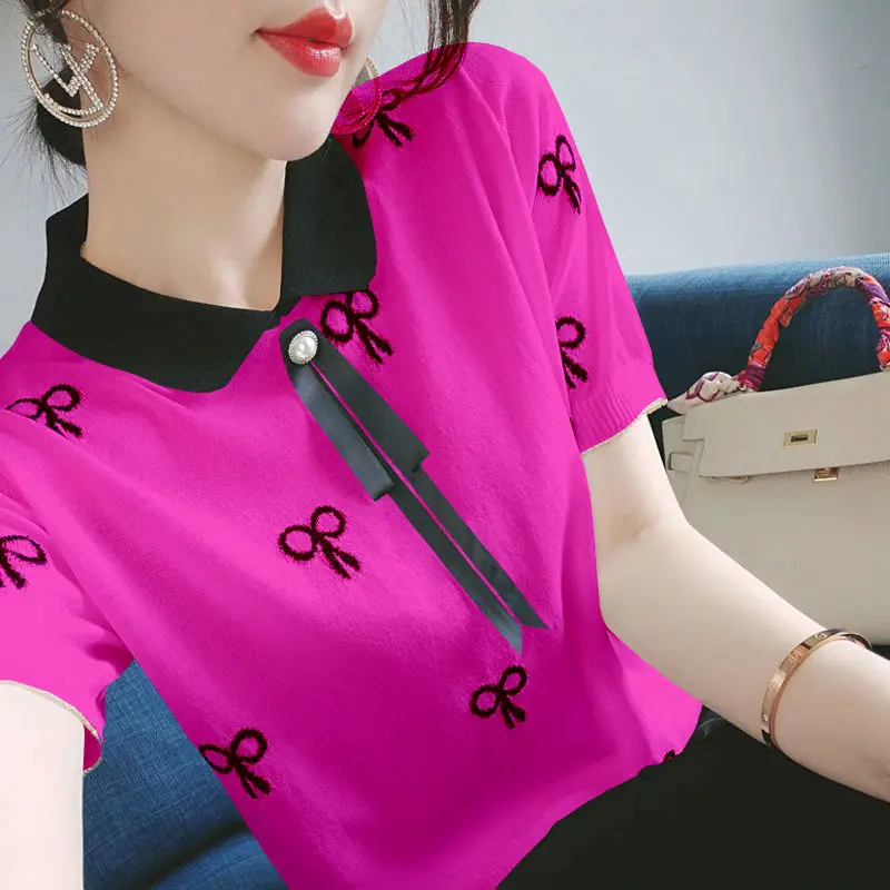 

2021 thin embroidered ice silk knitted short sleeve T-shirt women's new summer top