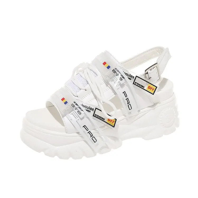 

super 2019 new sports dad fire graffiti patent sandals women tide net red leather beach shoes thick soled