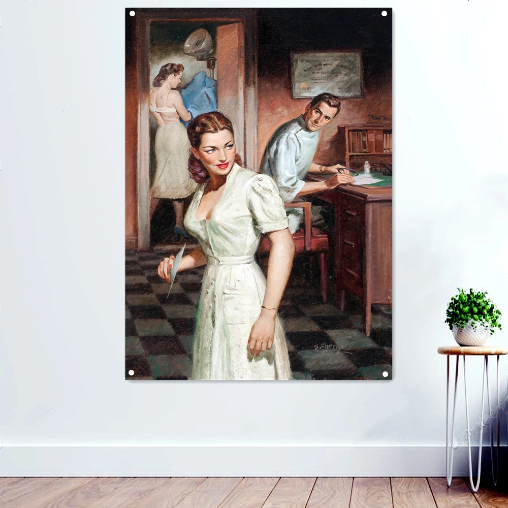 

Classic Pin Up Girl illustration Mural Vintage Seductive Sexy Art Posters Banner Flags Home Bar Cafe Decor Gift Wall Painting M8