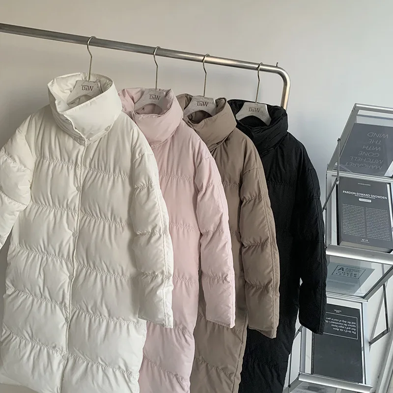 

Solid Simple Elegant Stand Color Thick Plush Cotton Long Parkas Coat Women Warm Winter Outerwear Sweet Lady Zip Up Women Jacket