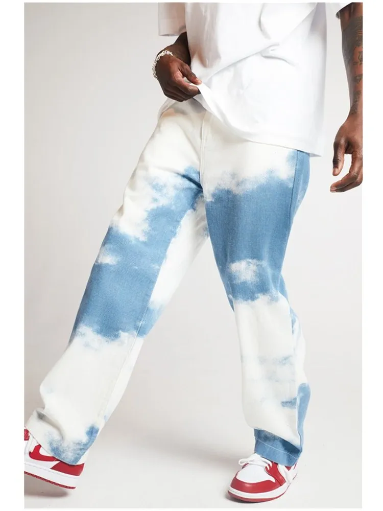 

Casual Loose Straight Men Denim Pants Tie Dye Print Sky Blue Long Trouser High Waist Inelasticity Relaxed Jeans Wide Leg Pants