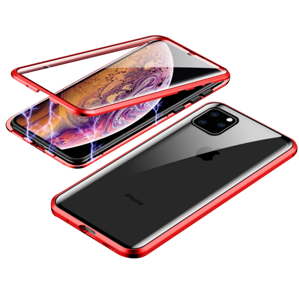 Магнитное закаленное стекло чехол для iPhone 11 Pro X XS MAX XR 8 7 металлический бампер Магнитный чехол для samsung Galaxy Note 10 S10 Plus - Цвет: Transparent Red