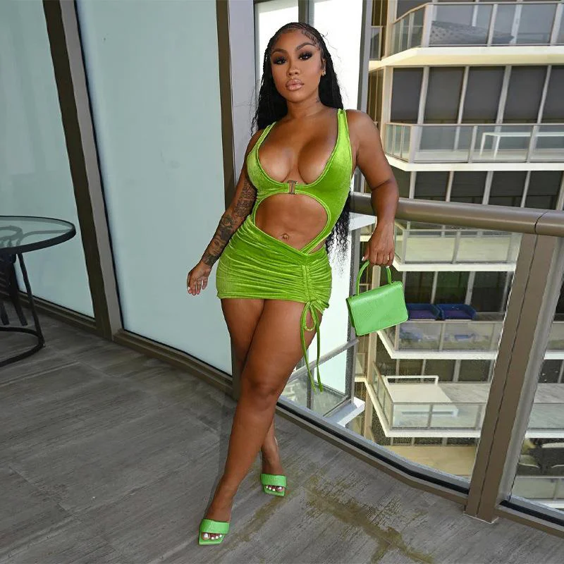 

2022 Summer Sleeveless Bandage Hollow Out Patchwork Dress 2 Pieces Set Women Fashion Sexy Streetwear Outfits Y2k Robe Kpytomoa
