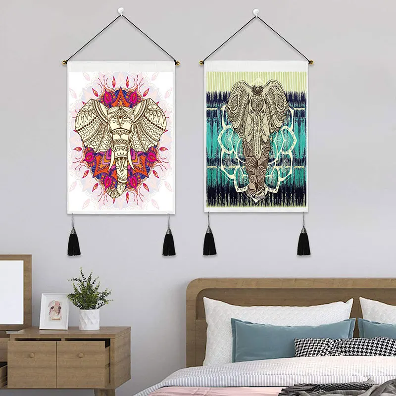 

Mandala Elephant for Canvas Painting with Frame Poster for Living Room Decoration Wall Art with Wood Hanging Scroll Tassel