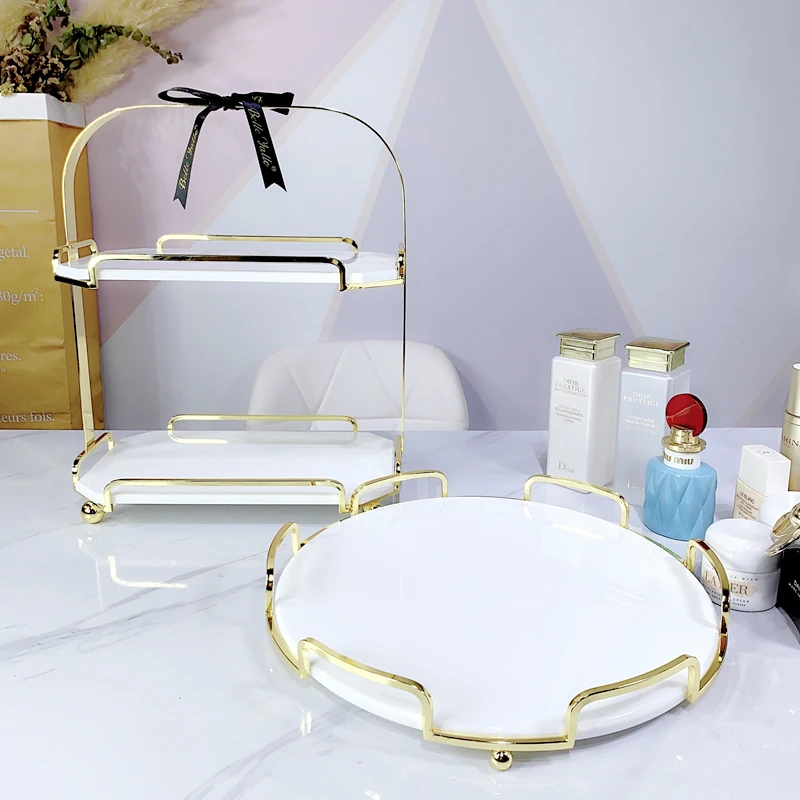 

Luxury Metal Shelf Bathroom Table Cosmetic Storage Rack Skin Perfume Tray Top Grade Makeup Organizer Cake Snack Rack Placement