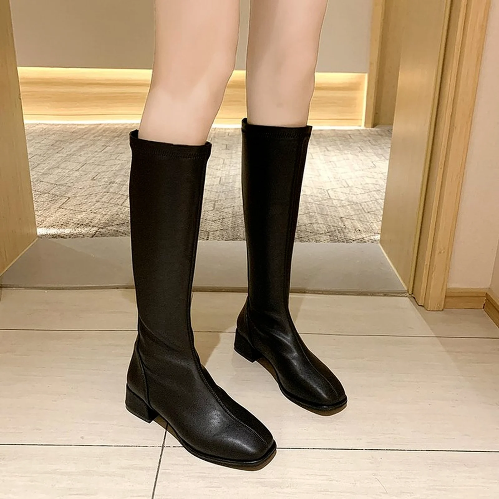 

2021 Women Knee High Boots Female Leather Fetish Knight Boots Plus Size Booties Lady Low 4cm High Heels White Autumn Shoes