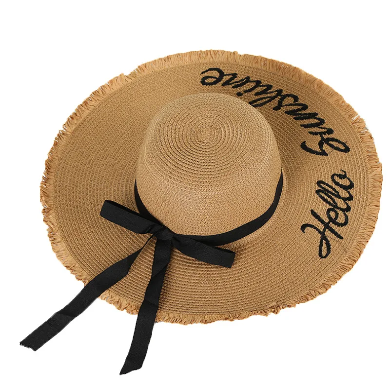 

Handmade Weave Letter Sun Hats for Women Black Ribbon Lace Up Large Brim Straw Hat Outdoor Beach Hat Summer Caps
