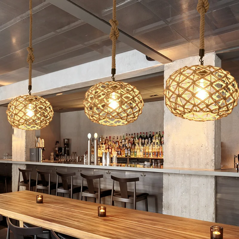 Candelabro de habitación nórdico de cáñamo, luz redonda con personalidad para Bar y cafetería, iluminación Retro creativa