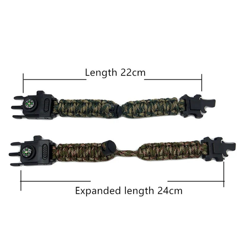 

Adjustable Bracelet Parachute cord 550 and Plastic Buckle with Led Light Compass Whistle Blade for Surive First Aid Outdoor Tool
