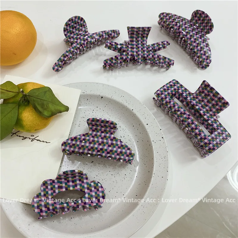 

Ins New Acetate Hair Claw Clips Purple Mosaic Checkered Grid Plaid Clamps Geometric Shark Clip Big Size Grab Women Accessories