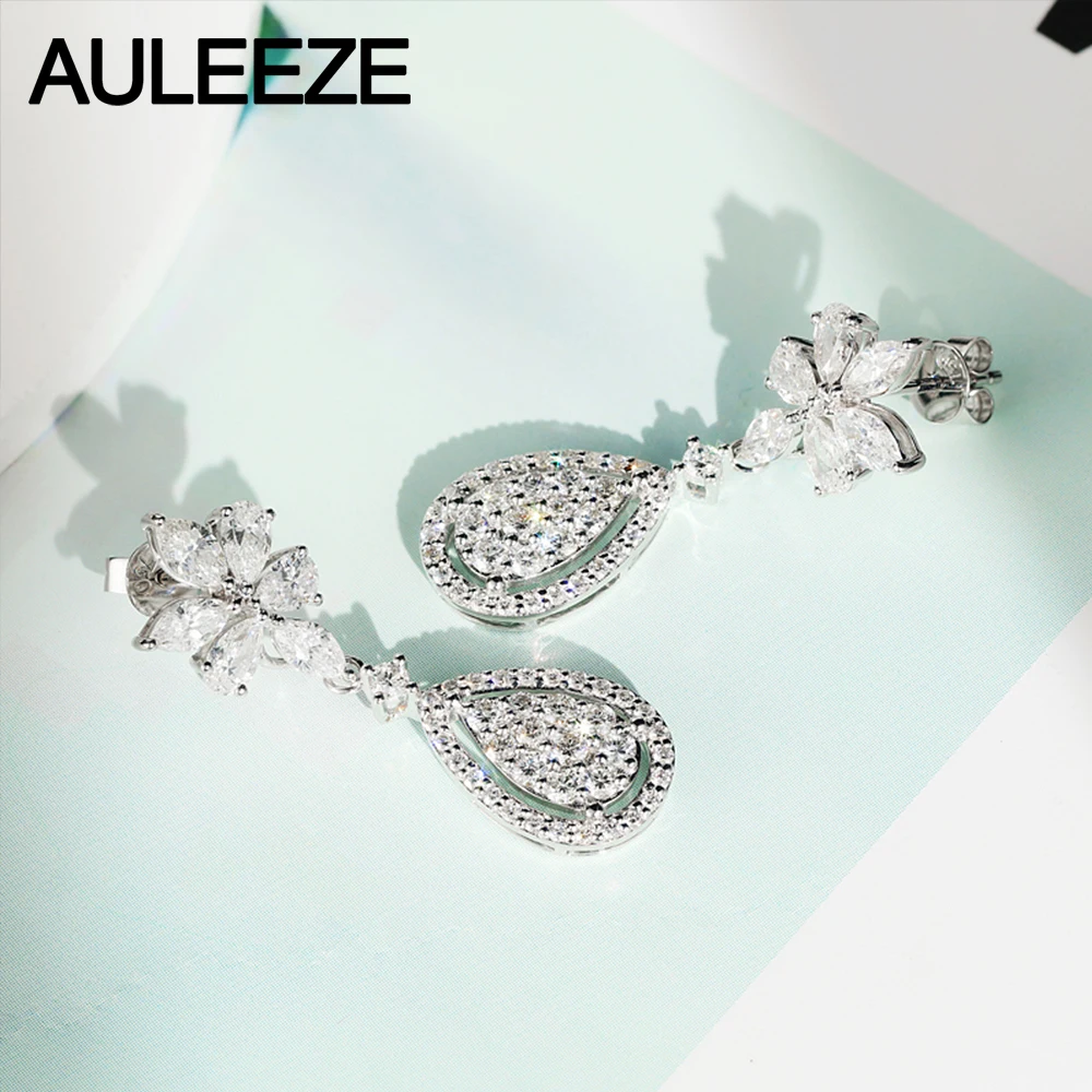 AULEEZE Роскошные 14 К белого золота Груша Cut DF цвет Moissanite цветок Форма висячие серьги с акцентами для женщин юбилейные подарки