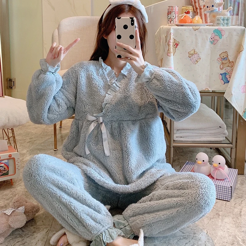 Пижама для кормящих матерей Одежда беременных зимняя фланелевая мягкая удобная