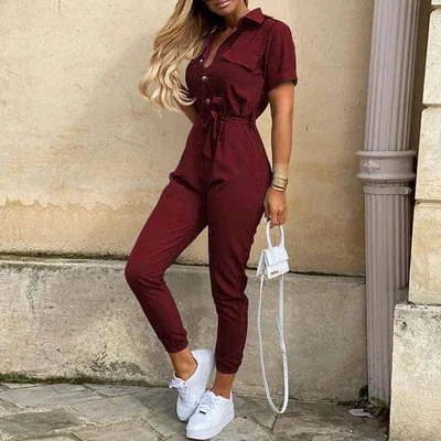 

Fashion Women Jumpsuit Solid Color Summer Casual Lapel Printed Belt Work Overalls Ladies New Hot Selling Button Long Jumpsuit
