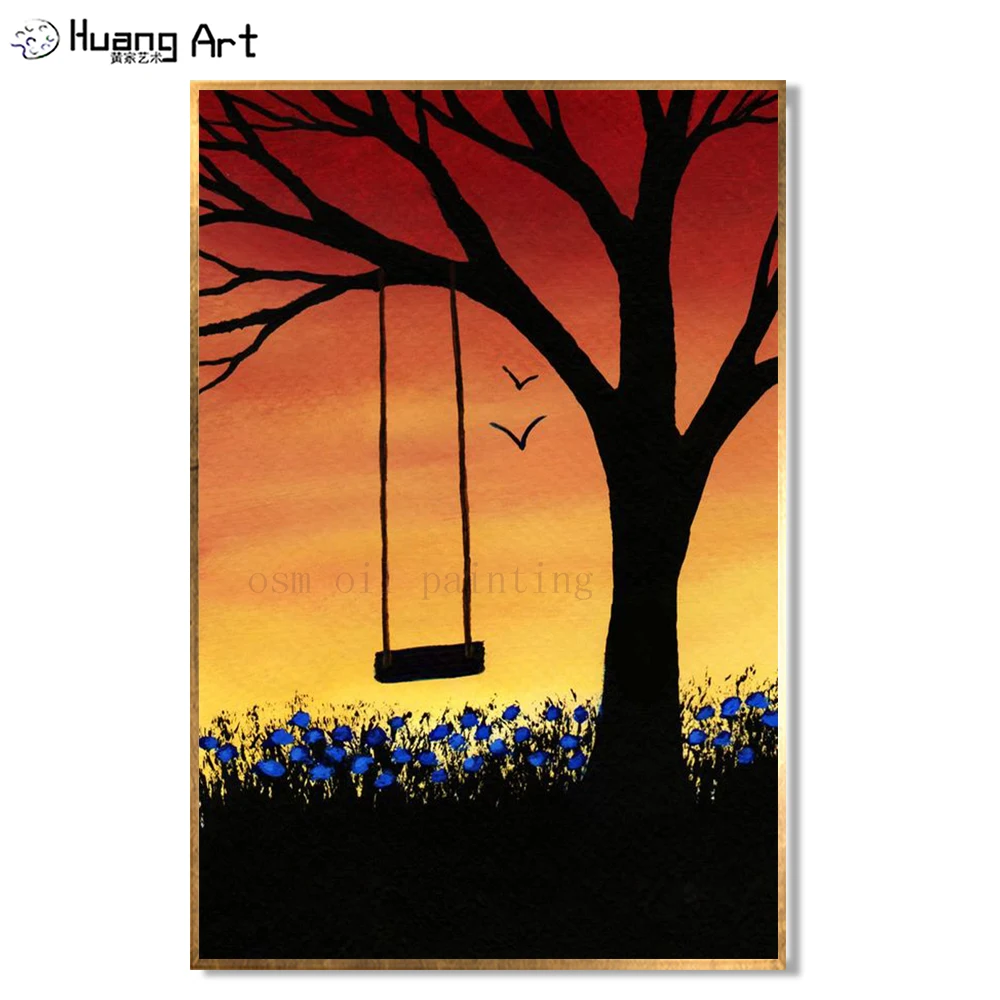 Ручная роспись Дерево качели современный восход пейзаж живопись летний работа