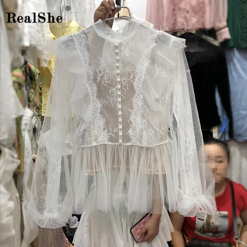 RealShe блузка женская белая с О образным вырезом и длинным рукавом фонариком