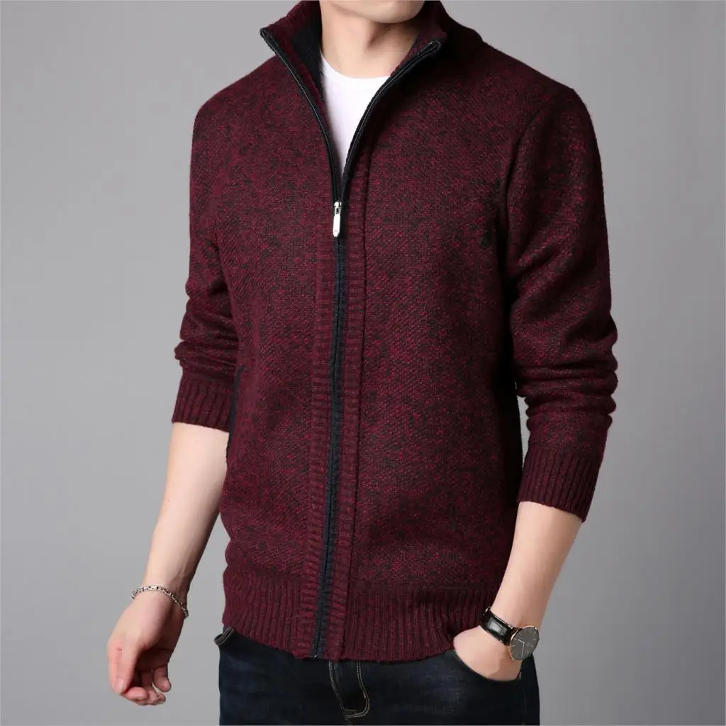 

Winter Fleece Men's Sweater Coat Side Pocket Long Sleeve Knitted Cardigan Full Zip Autumn Warm Male Fashionable Causal Clothing