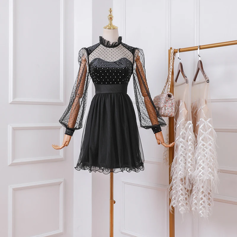 Сексуальное черное платье в горошек весна 2020 новинка Ретро стиль рукав фонарик