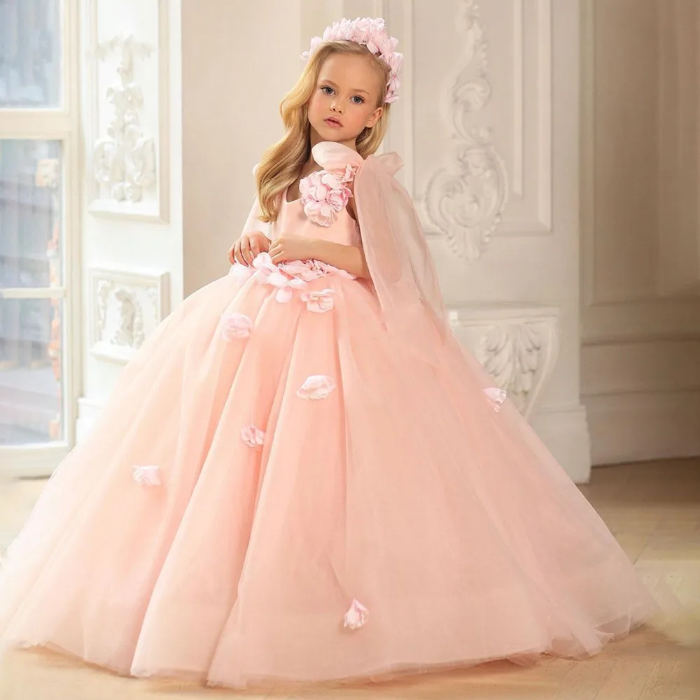 

New Pink Fluffy Flower Girl Dress V Neck Princess Dress First Communion Gown Child Birthday Party Gown