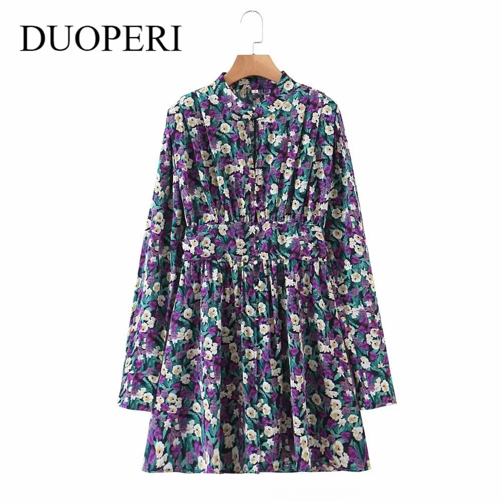 

2020 New Women Dress Pleated Floral Print O-Neck Long Sleeve Above Knee Dresses Female Fashion Casual Women Clothes