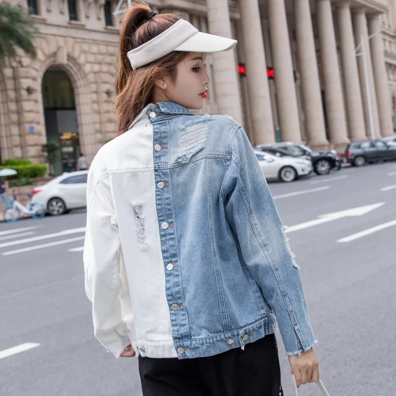 Размера плюс джинсовая куртка 2021 Весна Осенняя женская обувь синего цвета-белый