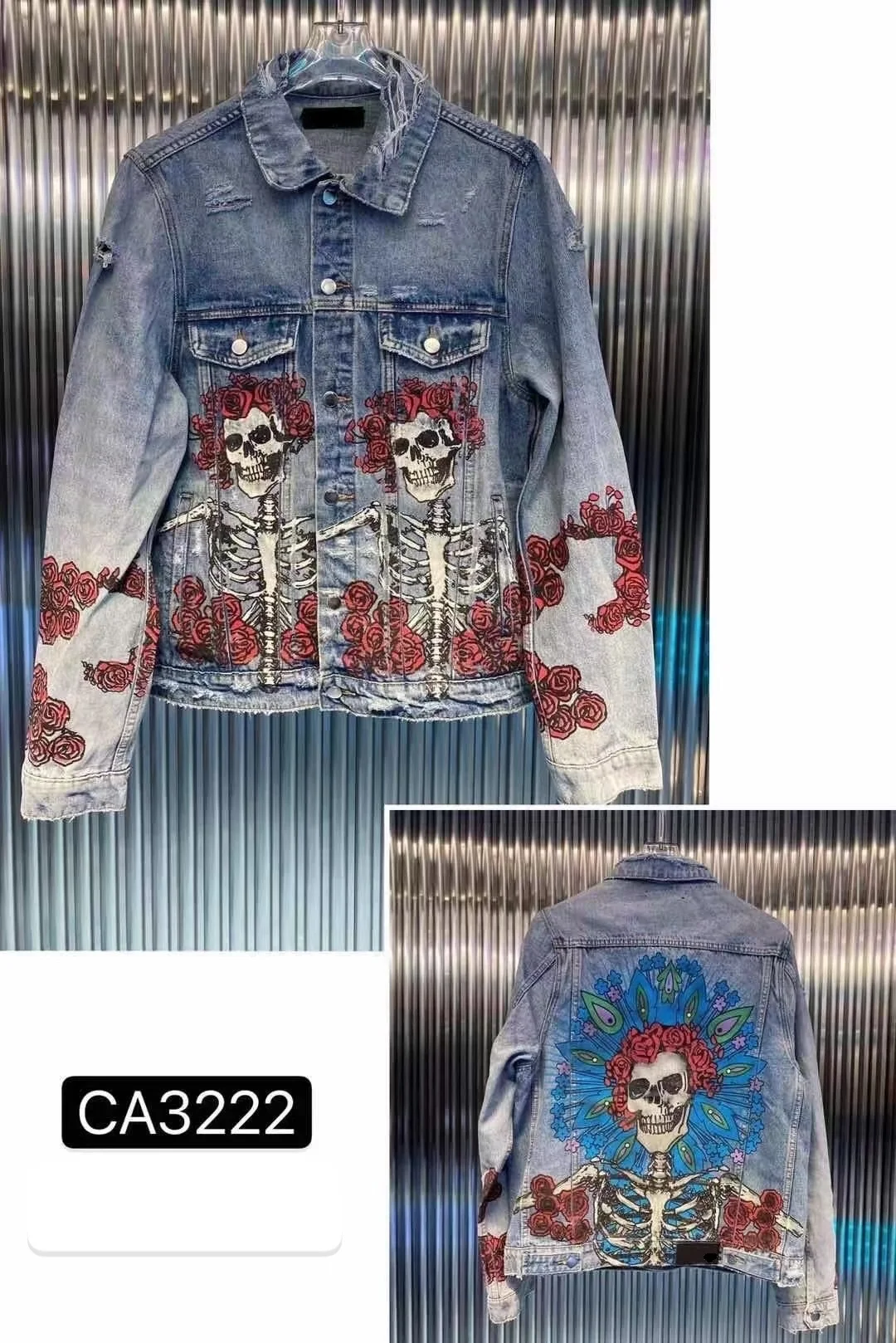 

Jacket Ripped Denim Rose Skull printed denim men's women's casual jacket spring and autumn.